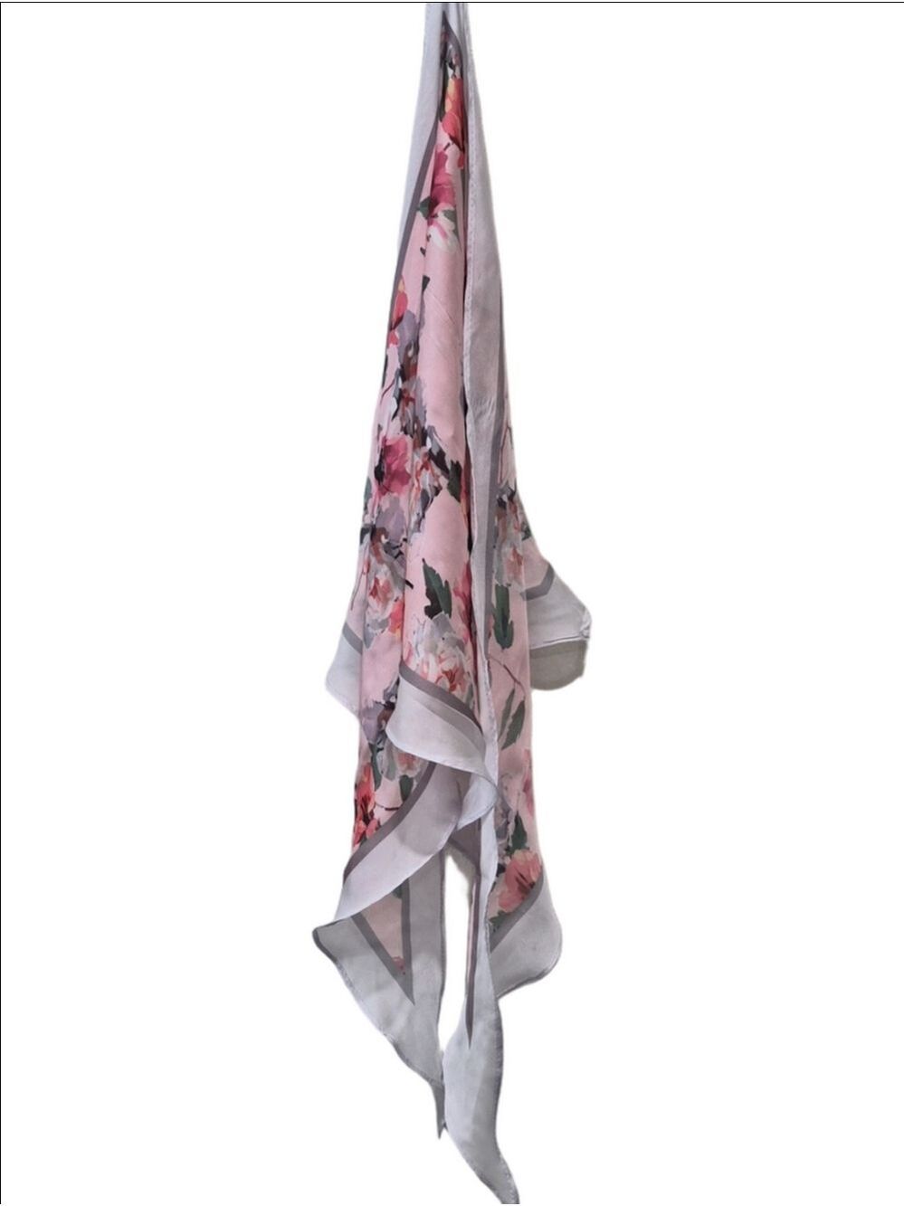 Pink Floral Diamond Scarf with Wavy Satin Trim